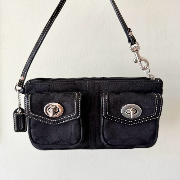 Vintage Y2K Coach Black Signature Monogram Double Turnlock Wristlet - Picture 2 of 7